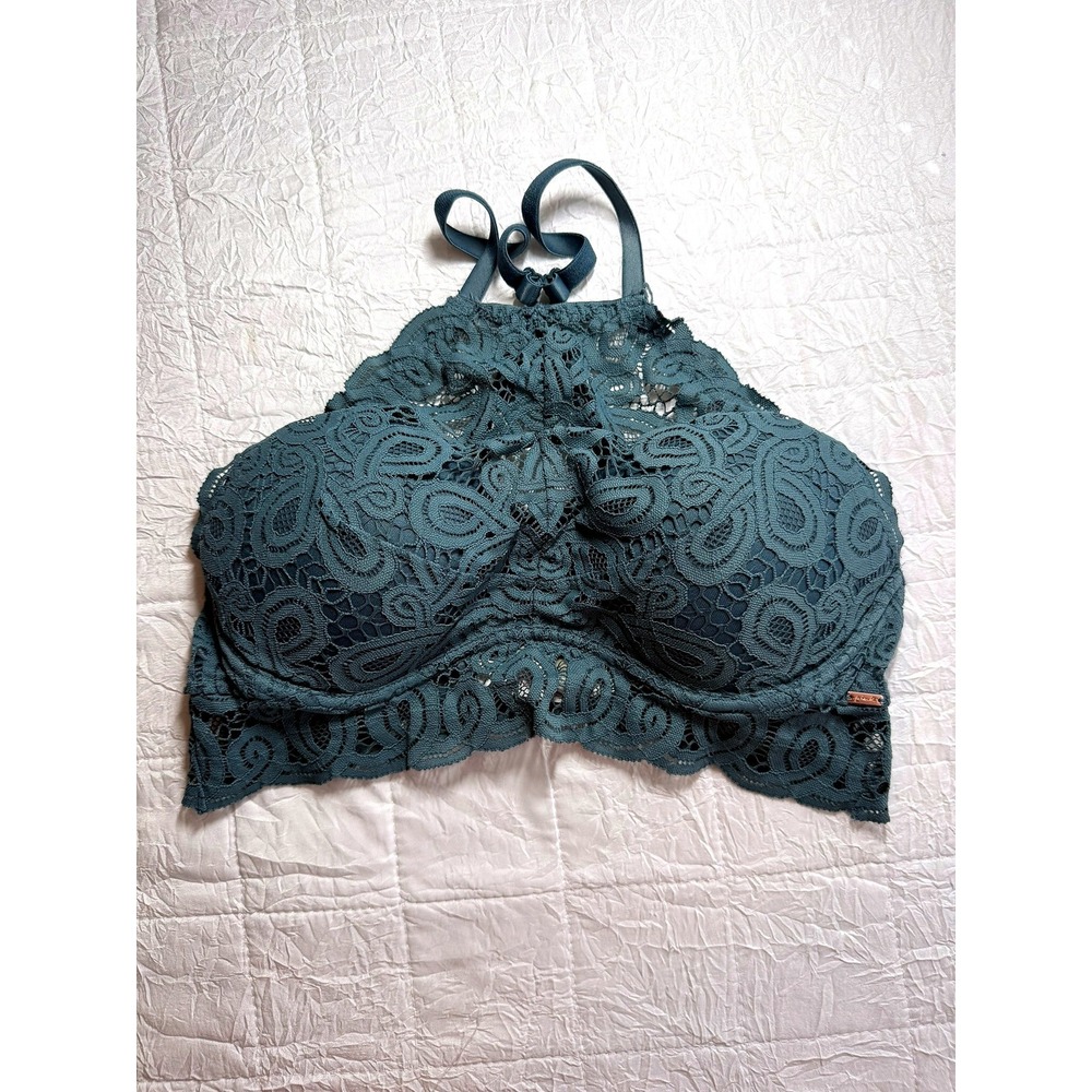 Victorias Secret PINK Lace High Neck Bralette Teal Green Padded Racerback Medium